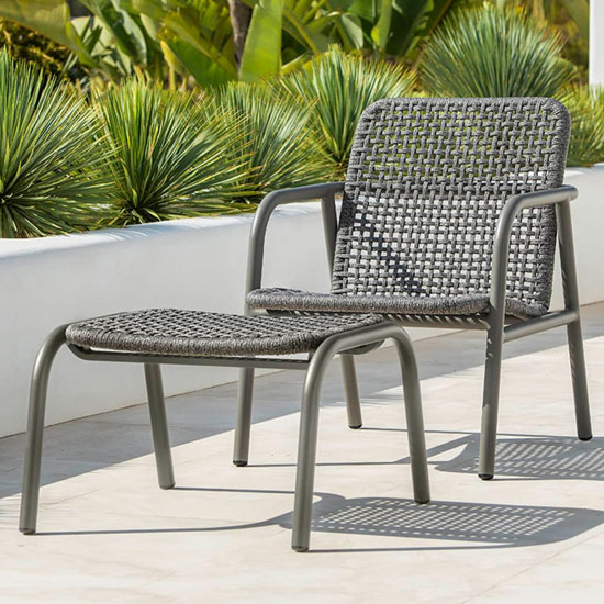 presidio lounge chair and ottoman in quartz grey aluminum and woven rope for mobile view