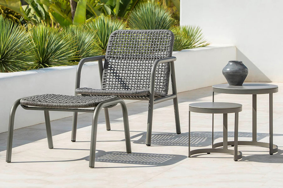 presidio lounge chair and ottoman in quartz grey aluminum and woven rope