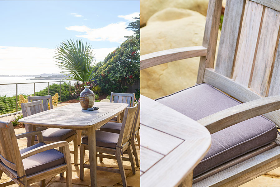 Cavallo outdoor furniture in weathered teak with Santa Cruz ocean views