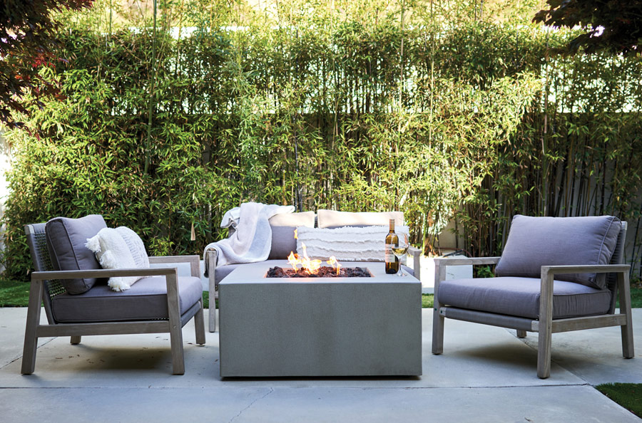outdoor fire table and lounge area