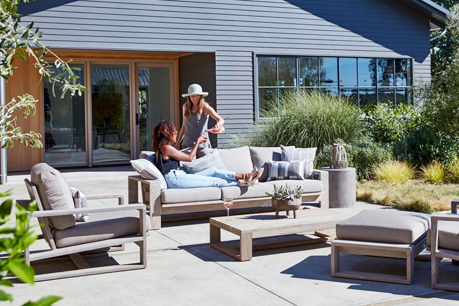 Nicasio weathered teak furniture outdoor lounging sourced from certified plantations.