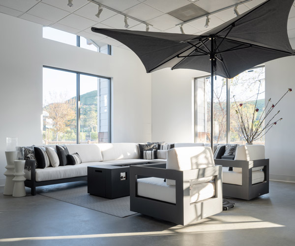 Tiburon sectional and TUUCI umbrella on display in Agoura Hills store - for mobile display