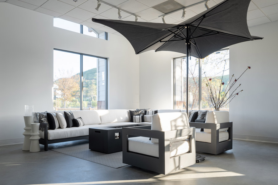 Tiburon sectional and TUUCI umbrella on display in Agoura Hills store