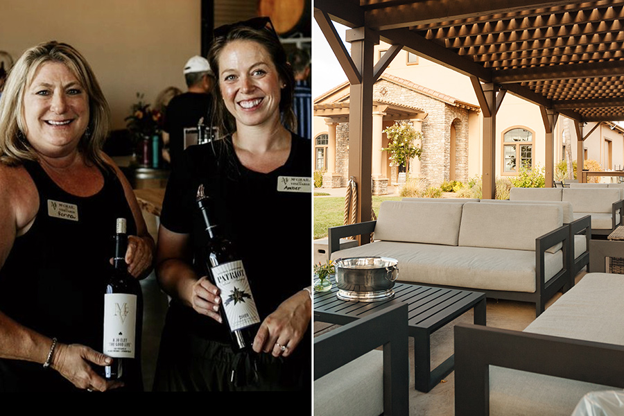McGrail staff holding wines, and Terra Outdoor's Tiburon sofas in lounge seating area.