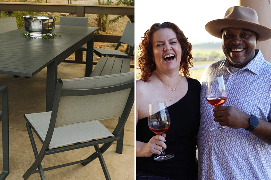 Terra Outdoor dining furniture and guests enjoying free wine tasting at McGrail Vineyards