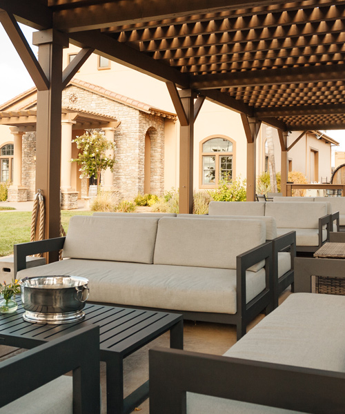 Tiburon sofas in the outdoor lounge area at McGrail Vineyards