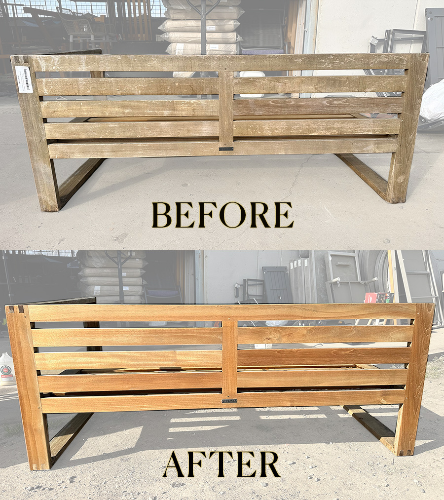 before and after teak cleaning of outdoor furniture