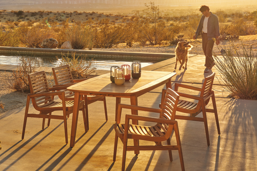 Premium teak furniture including the Cavallo extension dining table and the Salt Point dining chairs