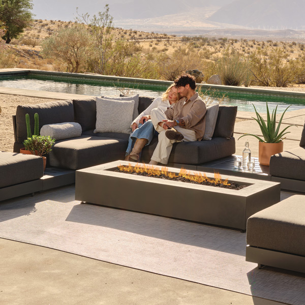 plush, outdoor sectional and fire table