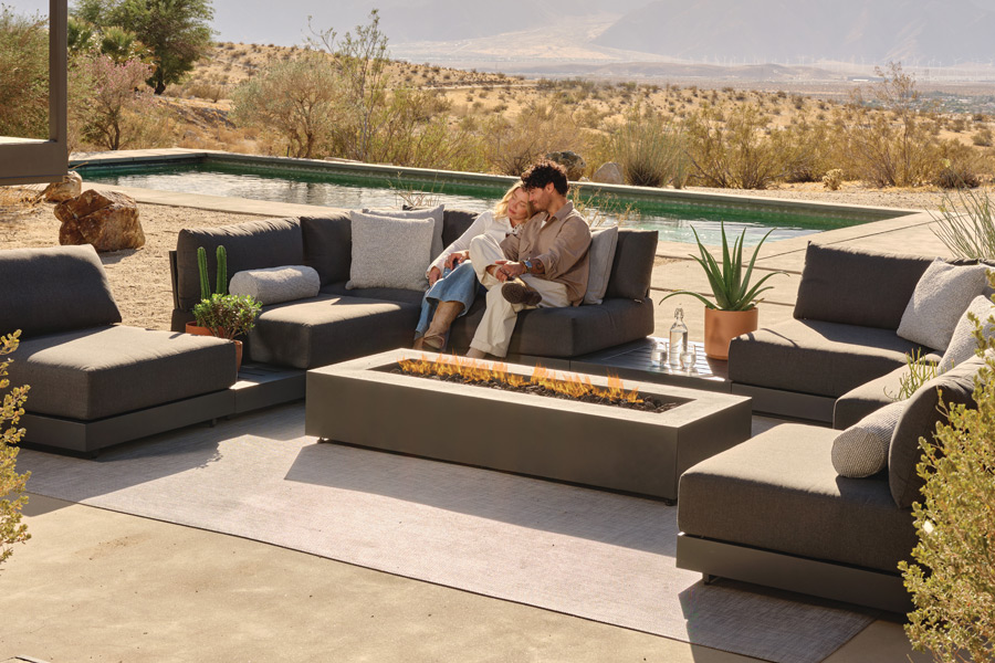 plush, outdoor sectional and fire table