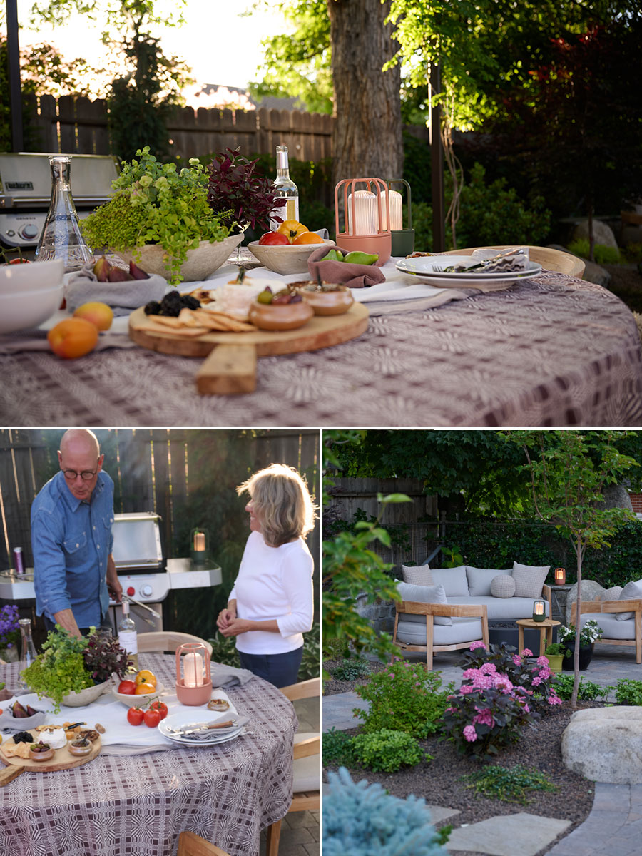 rounded-outdoor-furniture-collage table setting and rounded outdoor furniture in backyard at dusk