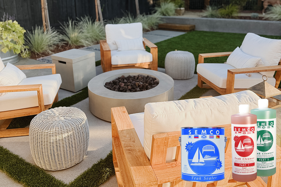 Teak furniture in background with SEMCO teak sealer and teak cleaner products in foreground