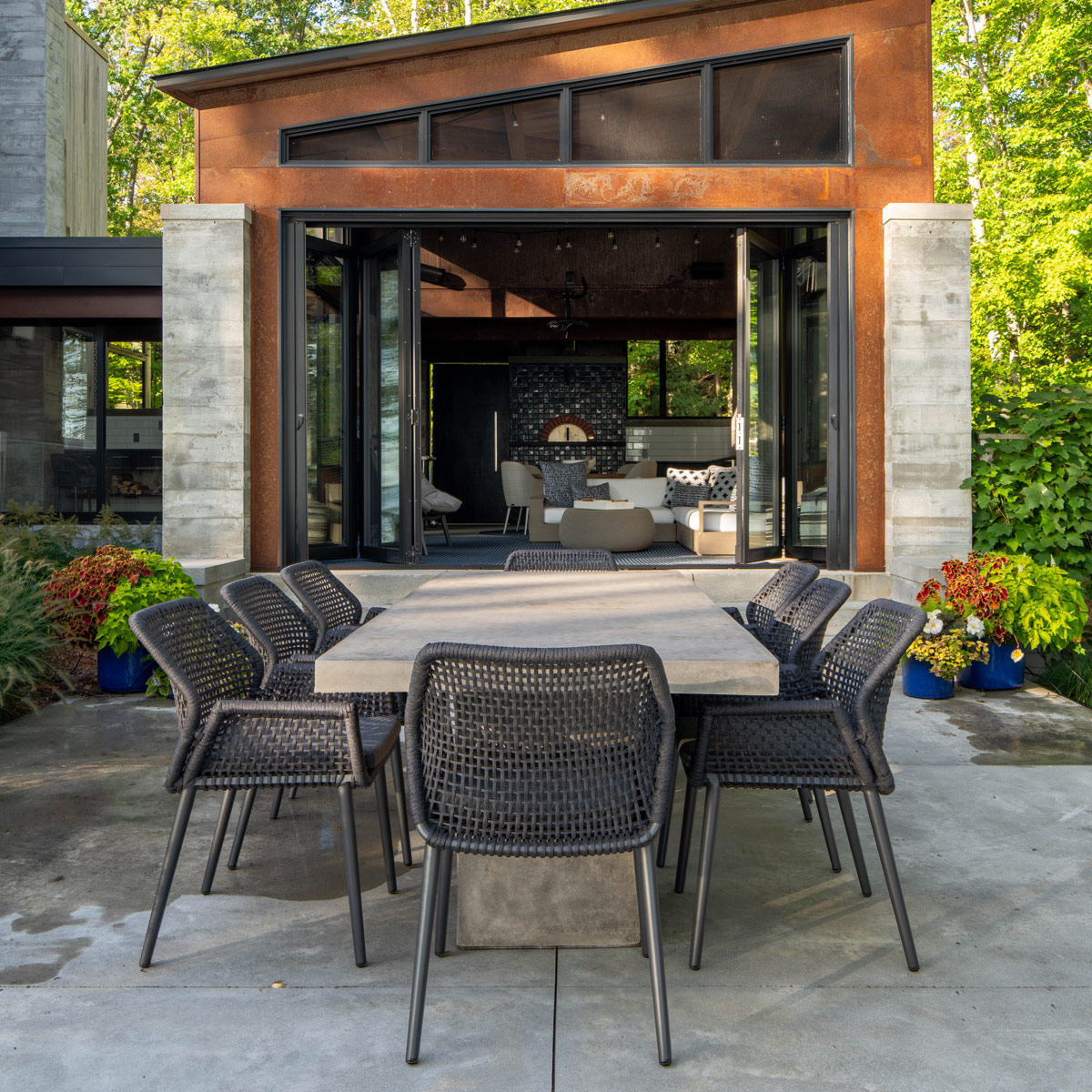 Mason table and Montecito chairs feature mixed materials in the Pacific Northwest